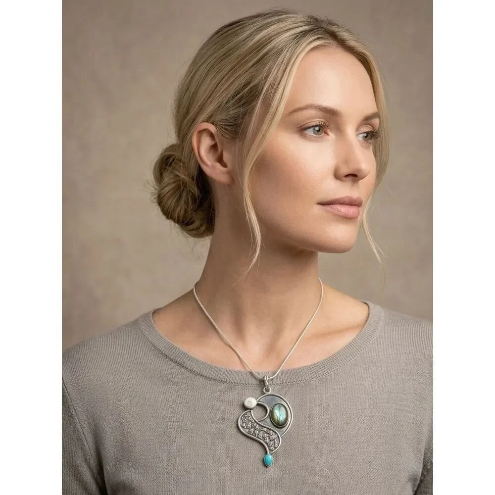 Mixed Stone Pendant Silver Necklace Labradorite, Turquoise, Shiva Eye Shell Boho